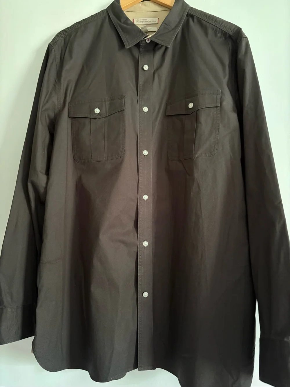 Banana Republic Men's Dark Gray Button-Down Shirt with Tan Elbow Patch